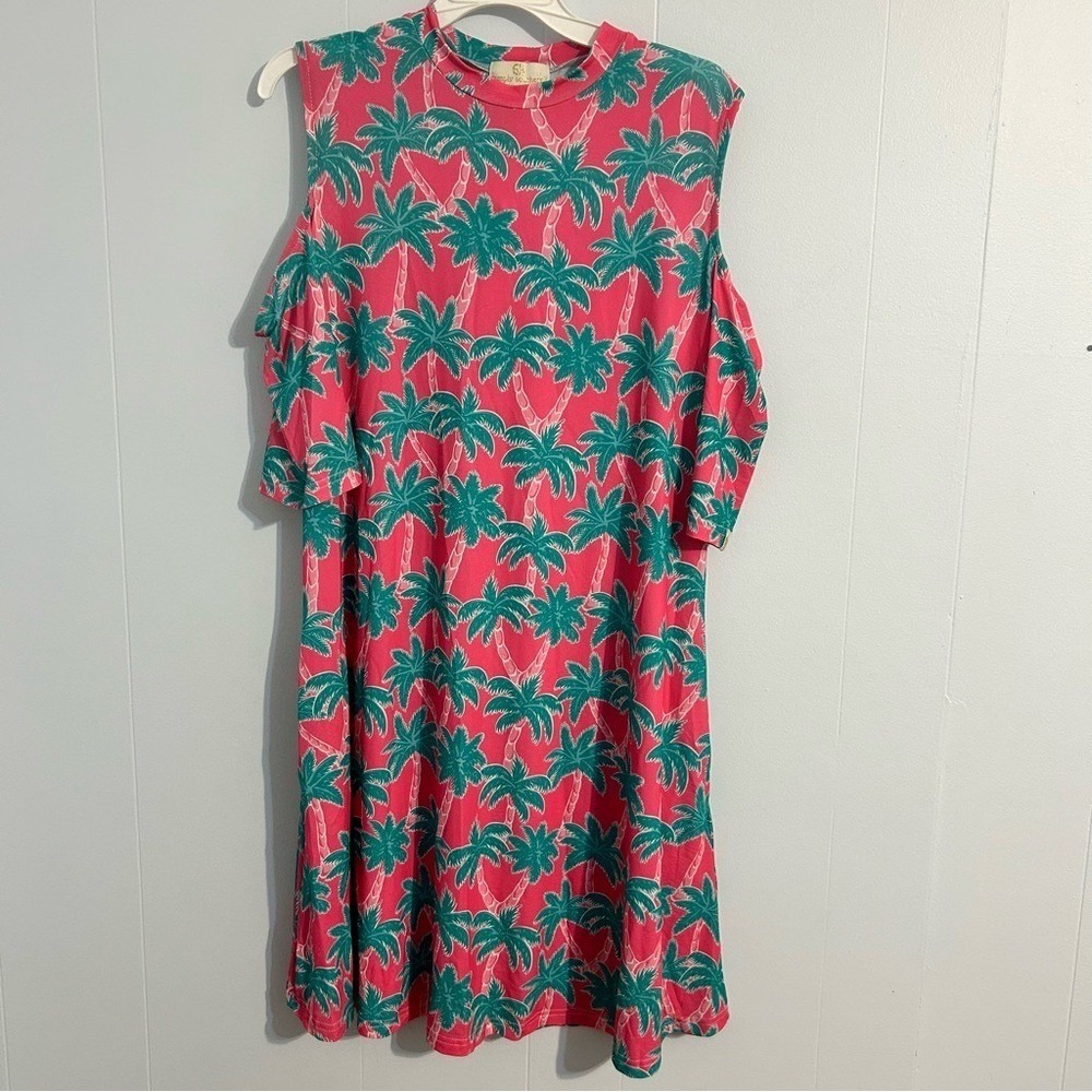 Simply Southern XL Pink/green palm trees Cut Out Tiered Sundress. Beach vacation